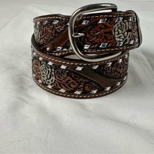 Leather Belt with Floral Tooled Carving Black Brown with Silver Stitch Size 32